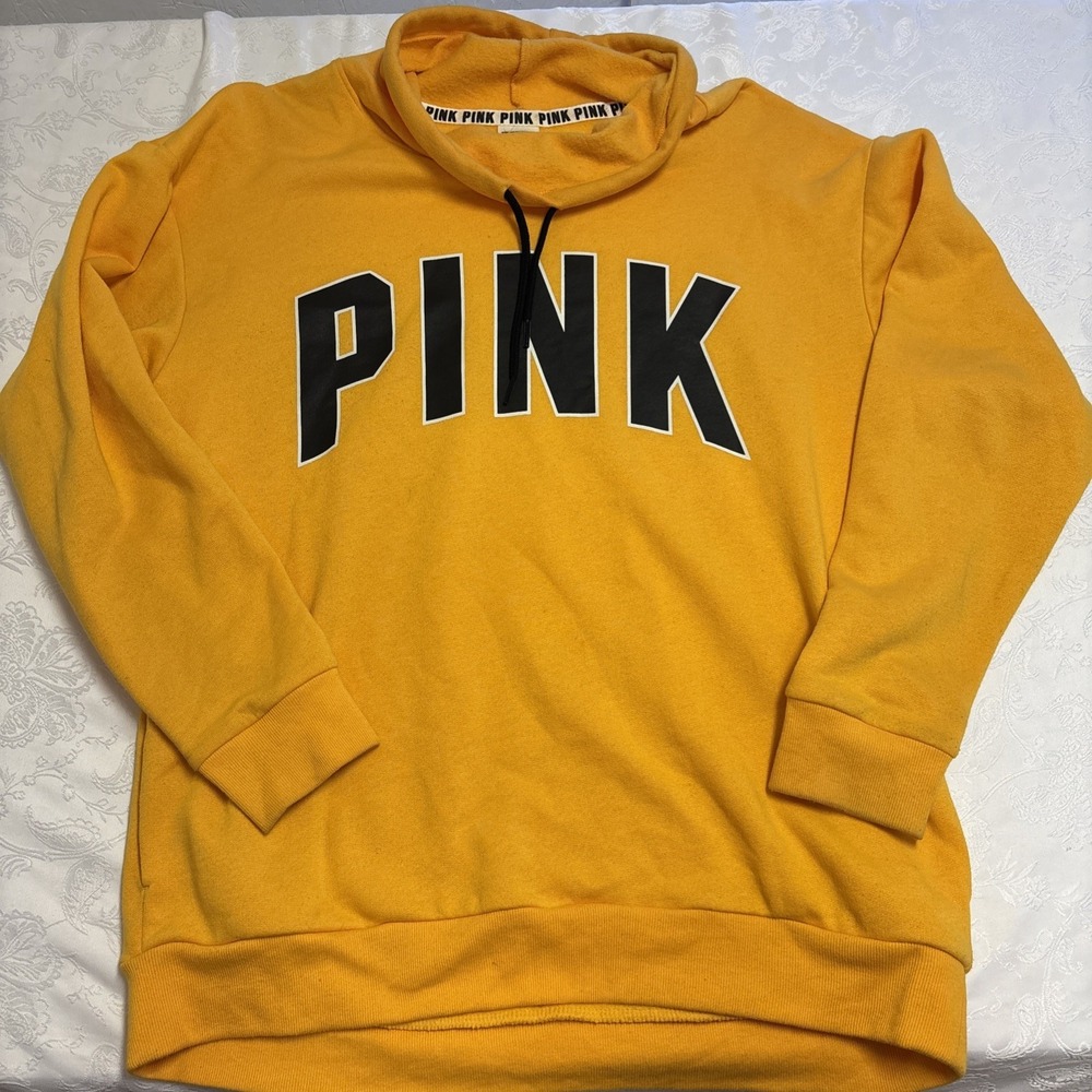 Pink Victorias Secret Women Sweatshirt S Yellow Logo Cowl Neck‎ Pockets